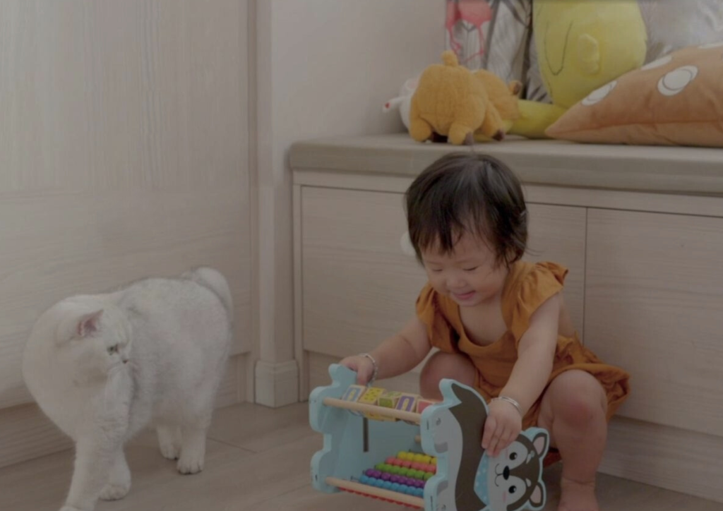 Toddler and white cat playing beside a cream cushioned bench storage cabinet in ENF board