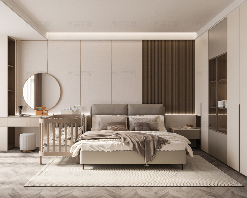 Master bedroom with cream wardrobe, dressing table with round mirror and baby cot, ENF board