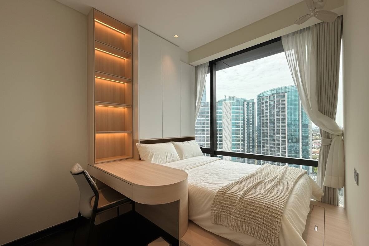 Bedroom with a built-in desk, lit open shelving and a bed by a floor-to-ceiling window