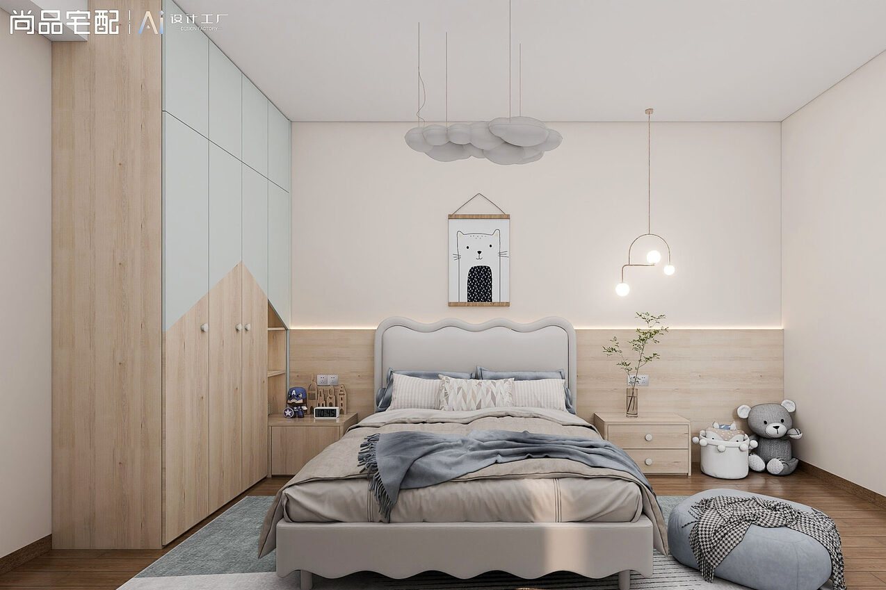 3D design render of a child's bedroom with a two-tone wardrobe, low bedside storage and soft toys